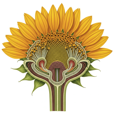 Cross-sectional illustration of a Sunflower (flowers), showing internal parts such as stem, petals, and reproductive organs