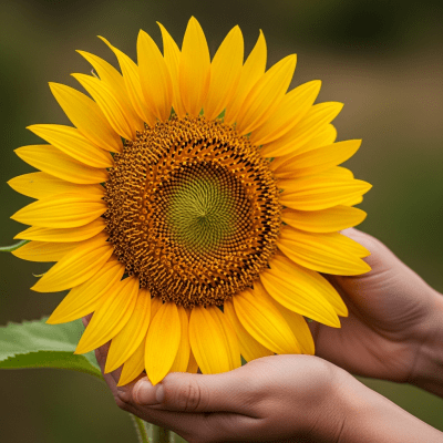 Photograph of a Sunflower (flowers) being held or interacted with by a person in a gentle way