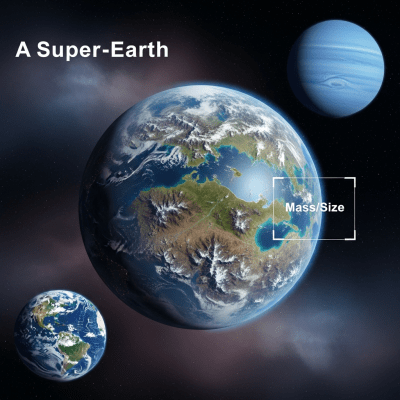 Illustration of a Super-Earth (planets) as it might appear in an educational context, with canonical example planets shown nearby for reference