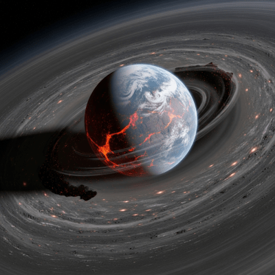 Realistic rendering of a Super-Earth, shown in a simulated planetary formation environment