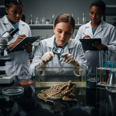 Photograph showing a Surinam Toad in interaction with humans or within a cultural context, such as being observed by scientists or featured in educational settings