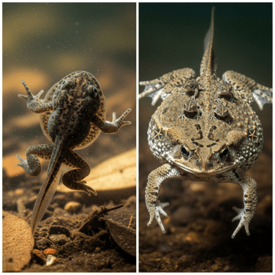 Image of a Surinam Toad (amphibians) at the moment of transformation, such as metamorphosis from tadpole to adult