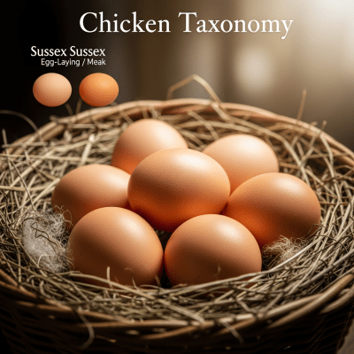 Image depicting eggs laid by a Sussex, contextualized within the chicken taxonomy