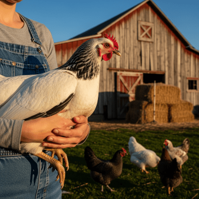 Photograph of a Sussex from the chicken taxonomy interacting with humans in a typical farm setting
