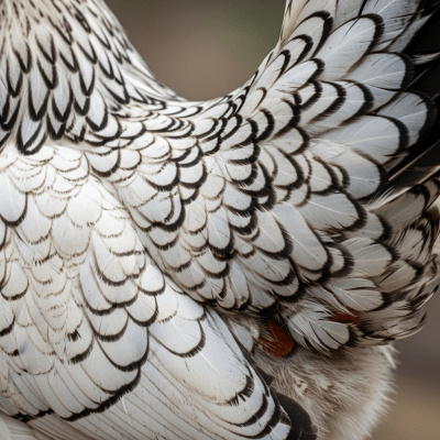 Close-up macro photograph highlighting the feather texture and coloration of a Sussex from the chicken taxonomy
