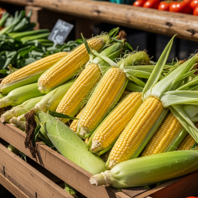 Image showing freshly harvested Sweet Corn, displayed in a farmer's market basket or crate