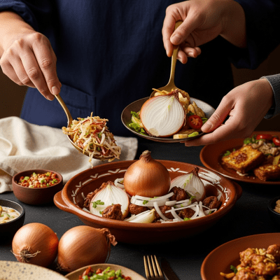 A cultural representation of a Sweet onion (onions) featured in a traditional dish or meal setting