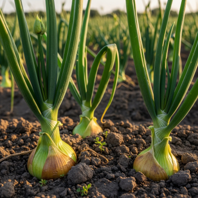 A photograph of a Sweet onion (onions) in its natural environment or growing in soil