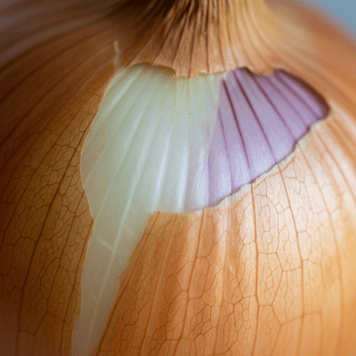 A macro photograph highlighting the surface texture and skin details of a Sweet onion