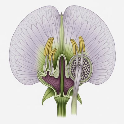 Cross-sectional illustration of a Sweet Pea (flowers), showing internal parts such as stem, petals, and reproductive organs