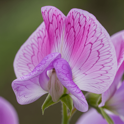 Detailed macro image of a Sweet Pea (flowers), focusing on the intricate structure of petals, stamens, and pistil