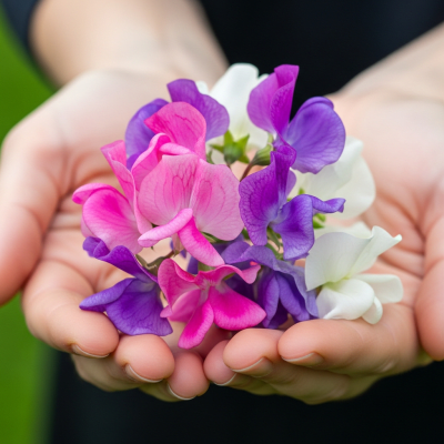 Photograph of a Sweet Pea (flowers) being held or interacted with by a person in a gentle way