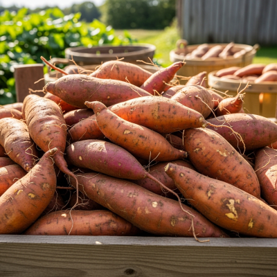 Image showing freshly harvested Sweet Potato, displayed in a farmer's market basket or crate