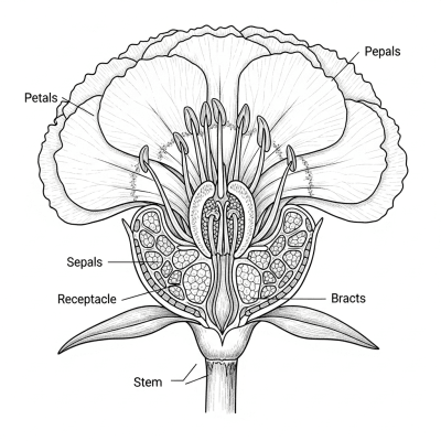 Cross-sectional illustration of a Sweet William (flowers), showing internal parts such as stem, petals, and reproductive organs
