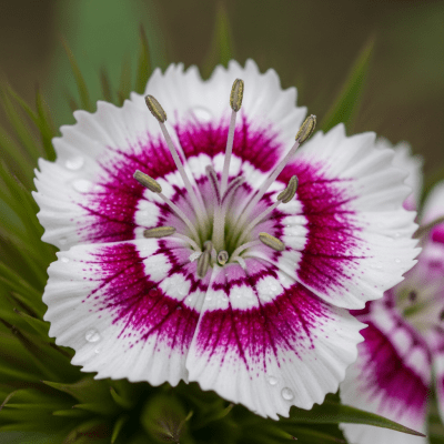 Detailed macro image of a Sweet William (flowers), focusing on the intricate structure of petals, stamens, and pistil