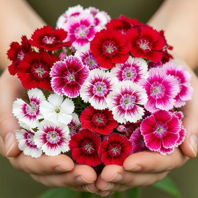 Photograph of a Sweet William (flowers) being held or interacted with by a person in a gentle way