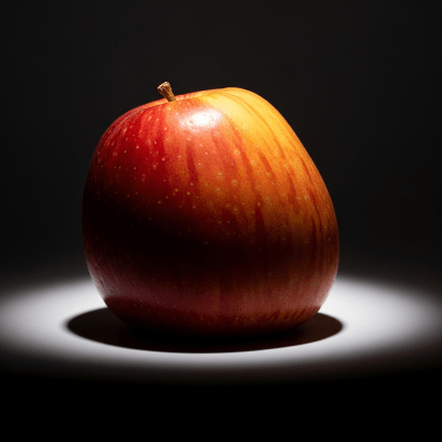 Editorial-style image of a single SweeTango from the taxonomy apples, dramatically lit against a dark gradient background to highlight color and texture.