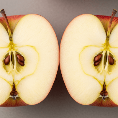 A close-up image showing a cross-section of a SweeTango of the taxonomy apples, sliced cleanly in half to reveal internal structure, seeds, and flesh