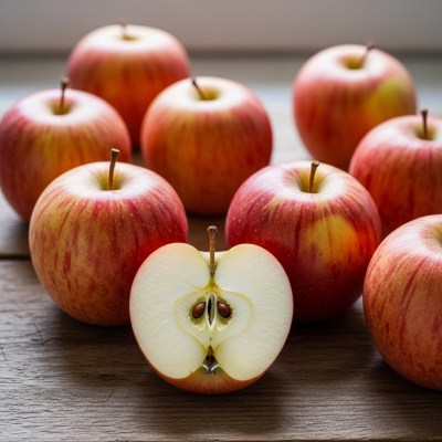 A simple arrangement showing several whole and one cut-open SweeTango, displayed on a wooden surface