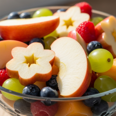 A photograph of a freshly sliced SweeTango of the taxonomy apples, presented as part of a fruit salad in a clear bowl