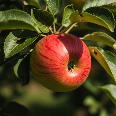 A naturalistic photograph of a SweeTango, hanging on its tree branch with leaves visible