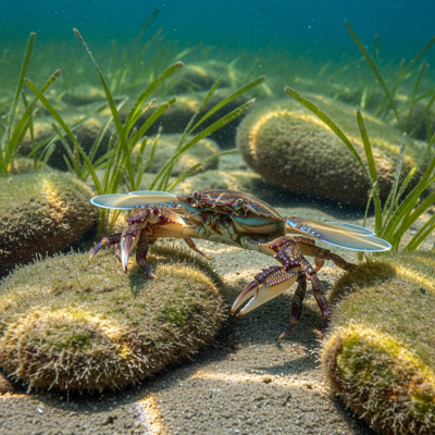 Photo-realistic underwater image of a live Swimming Crab, in the context of the taxonomy crabs