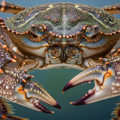 Close-up macro photograph of the shell texture and claws of a single Swimming Crab