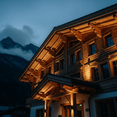 Dramatic, editorial-style image of Swiss Chalet from the architecture taxonomy, captured from a low angle to emphasize grandeur and form.