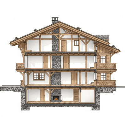 Detailed cross-sectional illustration or cutaway view showing the internal layout and key structural elements of the Swiss Chalet (architecture)
