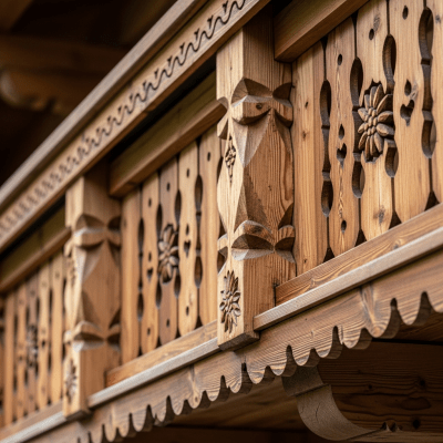 Close-up detail shot of a distinctive feature or ornamentation from the Swiss Chalet (architecture), showing material texture, craftsmanship, or unique design elements