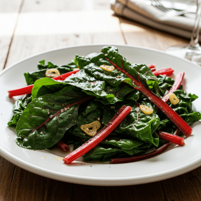 Photograph of a prepared dish or serving featuring the Swiss Chard, as commonly used in cuisine within the taxonomy vegetables