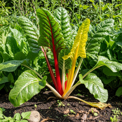Naturalistic image of a Swiss Chard in its typical growing environment, as found in nature or a cultivated garden