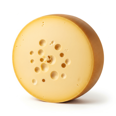 High quality studio photograph of a single Swiss Cheese