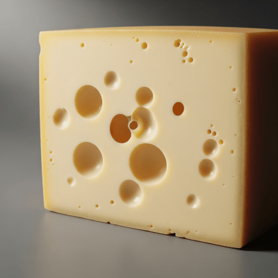 Close-up cross-sectional view of a Swiss Cheese, showing its internal texture and structure