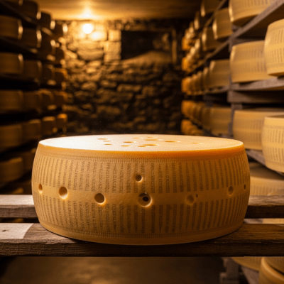 A whole wheel or block of Swiss Cheese, shown in an artisanal cellar or aging environment typical for this cheese