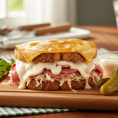 A piece of Swiss Cheese being used in a classic culinary preparation or dish where it is commonly featured