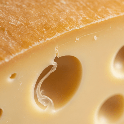 A close-up macro photograph of the rind and surface texture of a Swiss Cheese