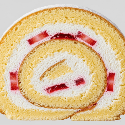 Detailed cross-sectional view of a sliced Swiss Roll (cake), showing internal layers, textures, and ingredients