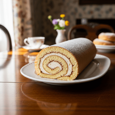 A realistic image of a whole Swiss Roll (cake) displayed on a classic dessert table in a home or bakery setting
