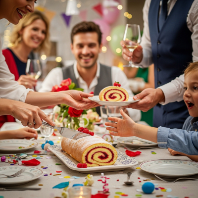 A scene showing the Swiss Roll (cake) being served or enjoyed at a festive occasion, such as a birthday party or wedding