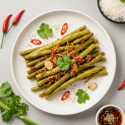 Image of cooked Sword Bean (beans) presented as part of a traditional dish or cuisine, plated attractively and photographed from above