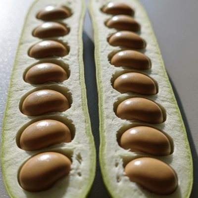 Close-up macro image of the Sword Bean (legumes) cut in half, displaying its internal structure and details such as seed arrangement, pod interior, or cross-section textures
