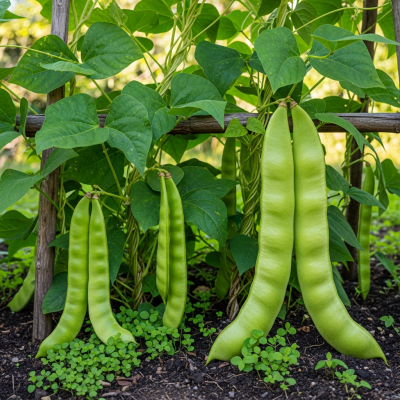 Photograph of the Sword Bean (legumes) growing naturally on its plant in an outdoor agricultural or garden setting, showing leaves, pods, and surrounding soil or greenery