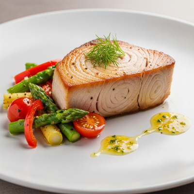 A culinary presentation featuring a prepared dish made with Swordfish, of the taxonomy fish