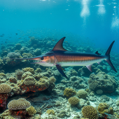 Underwater scene featuring a single Swordfish