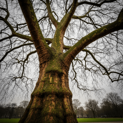 Striking editorial image of a single Sycamore (trees), photographed from a low angle to emphasize its grandeur.