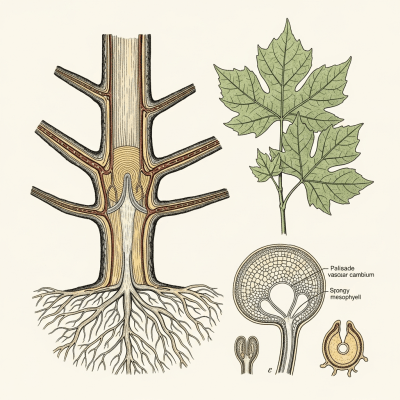 Detailed botanical illustration of the internal structure of a Sycamore