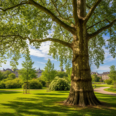 A realistic depiction of a mature Sycamore (trees) in its typical natural environment