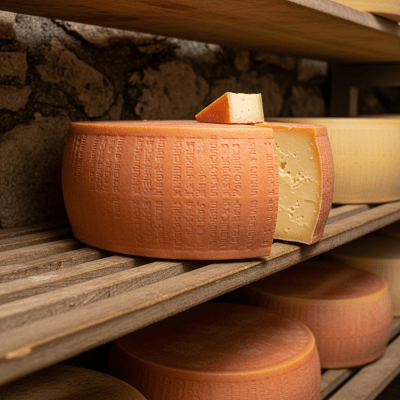 A whole wheel or block of Taleggio, shown in an artisanal cellar or aging environment typical for this cheese