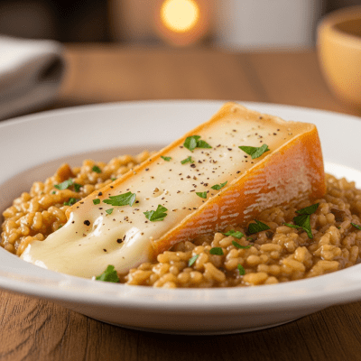 A piece of Taleggio being used in a classic culinary preparation or dish where it is commonly featured